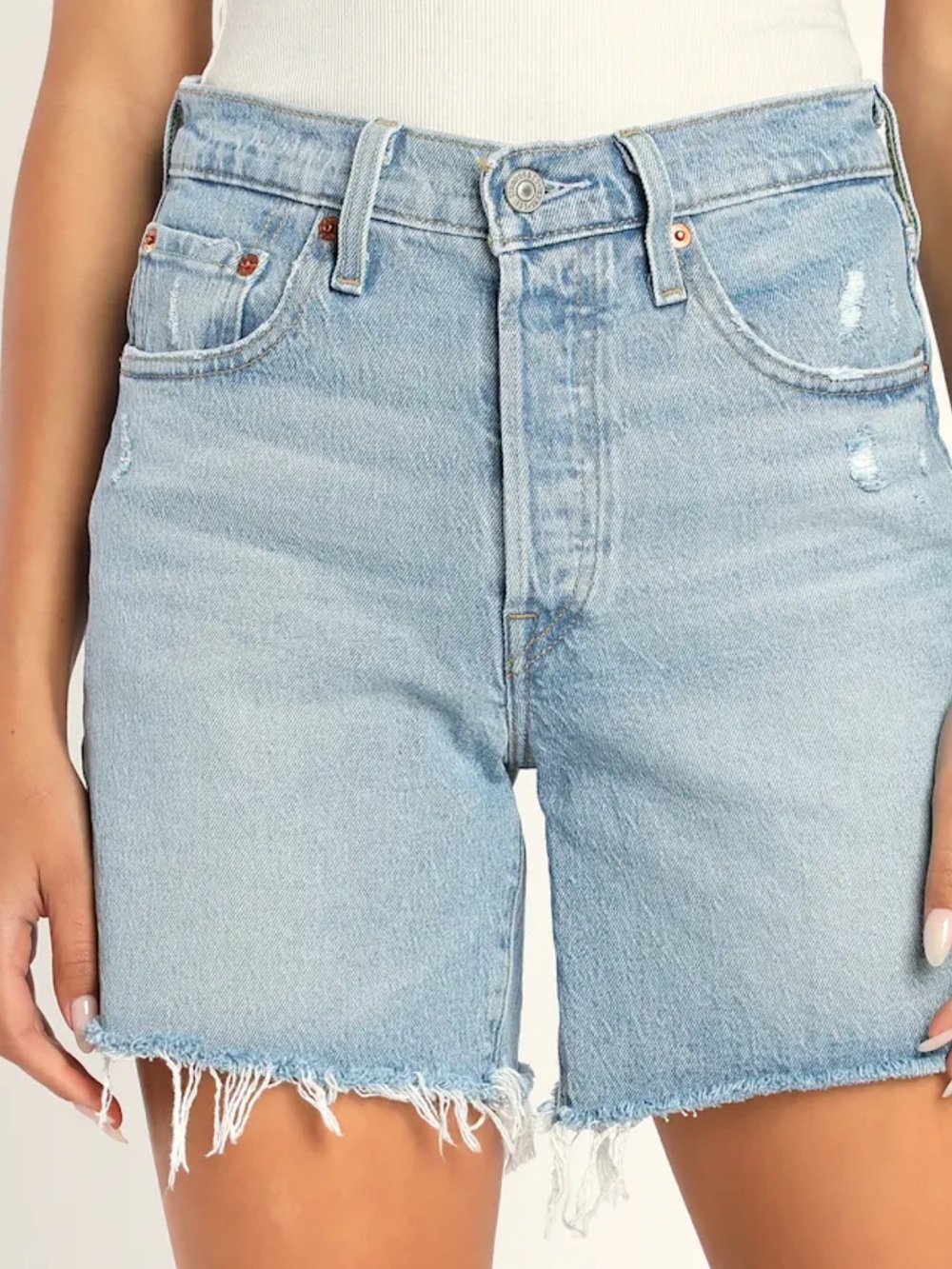 Levi's 501 High-Rise Mid Thigh Frayed Denim Shorts